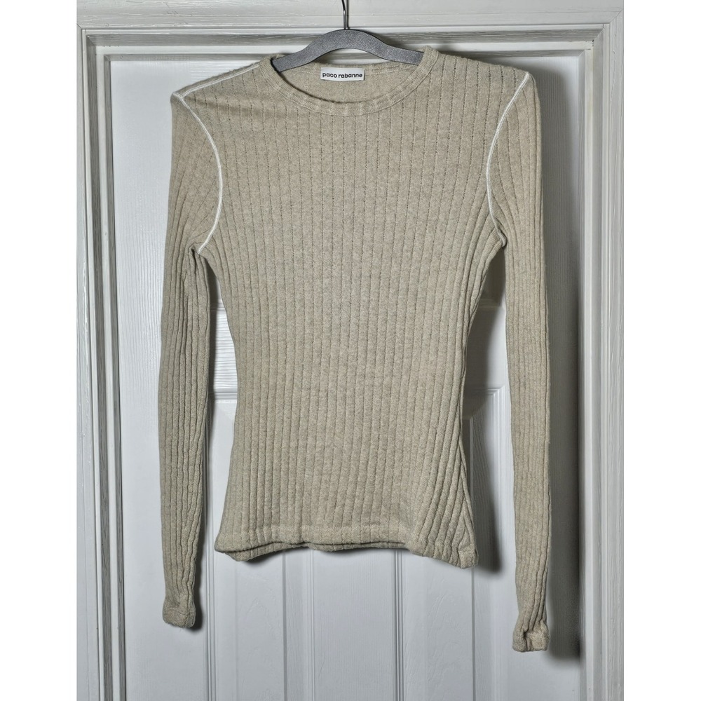 Paco Rabanne Wool Sweater Women's Size 40 US 8‎ Ribbed Beige Stretch